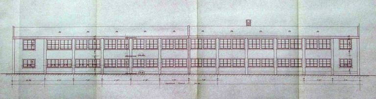 Façade antérieure des ateliers construits en 1951 en alignement de l'avenue du Maréchal-de-Lattre-de-Tassigny : 'Etablissements Legrand - Construction d'un bâtiment rue de Lyon - Façade sur rue'.