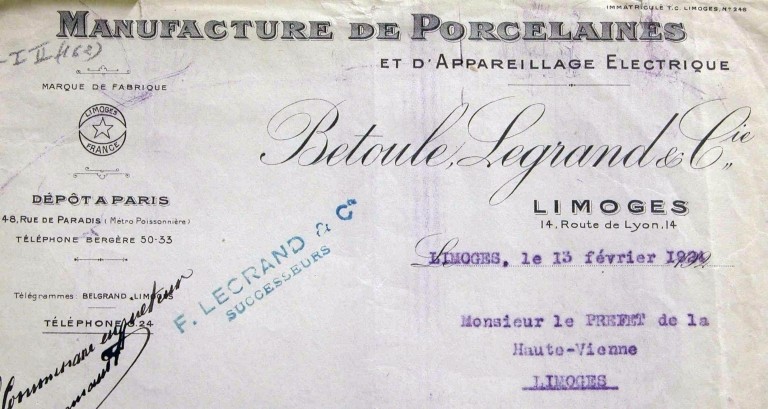 Papier à en-tête de la société Betoule Legrand et Cie, daté de 1924.