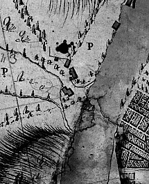 Plan masse du moulin d'Auzette en 1758 extrait de la 'Première Carte de la route de Lyon depuis Limoges jusqu'à la montagne de la Varache'.