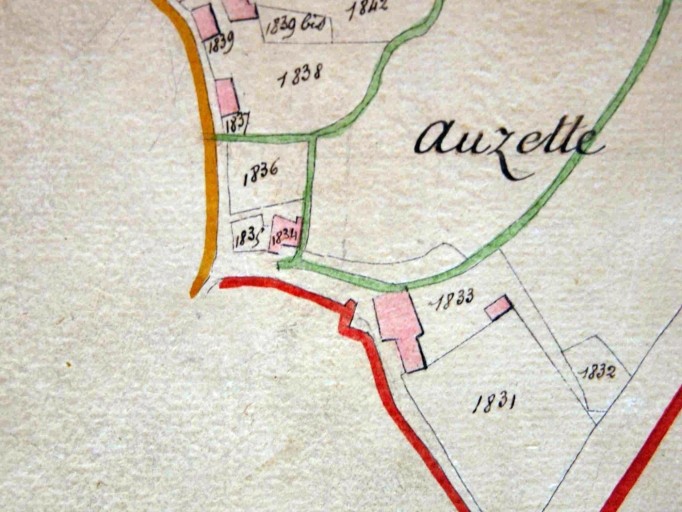 Plan masse du moulin d'Auzette en 1812, extrait du plan cadastral Section F dite de Saint-Etienne, subdivision 7e.