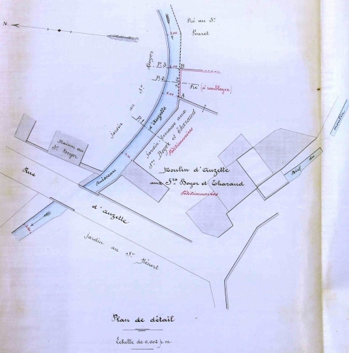 Plan masse du moulin d'Auzette en 1890 extrait de 'Demande des Sieurs Boyer et Tharaud propriétaires du moulin d'Auzette tendant à être autorisés à construire un mur le long de leur propriété - Plans et profils'.