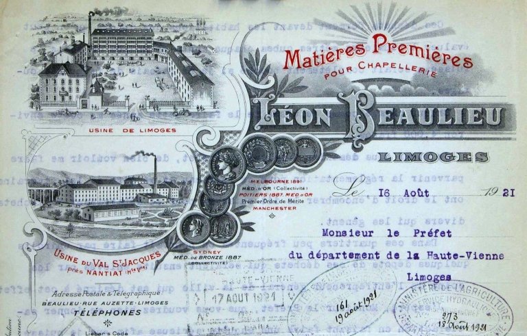 Papier à en-tête représentant l'usine Baulieu, daté de 1921.