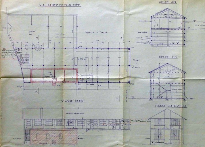 Plan, coupes et élévations de l'usine en 1952 extraits de : 'Propriété de M. Leclair - Construction d'un atelier - Avenue de la Révolution à Limoges - Vue en plan et coupes'.