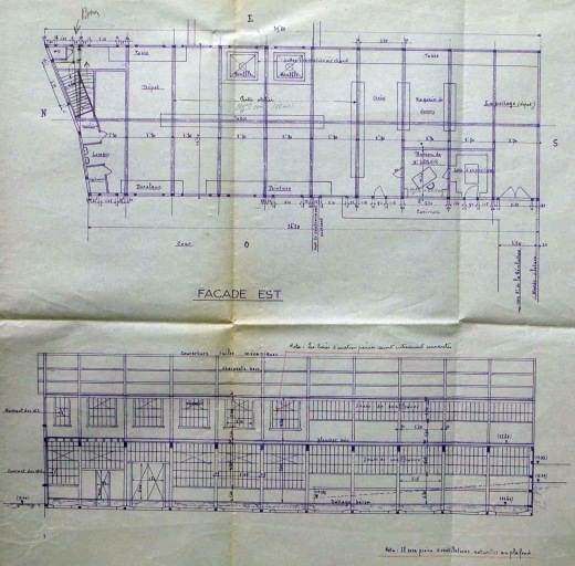 Plans de l'atelier principal de l'usine en 1952 extrait de : 'Propriété de M. Leclair - Construction d'un atelier - Avenue de la Révolution à Limoges - Vue en plan et coupes'.