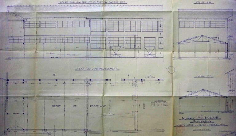 Plan, élévations et coupe du dépôt de porcelaine construit en 1959 : 'M. Leclair - Porcelaines - Construction d'un dépôt de porcelaine - Coupe sur galerie et élévation façade est - Plan de l'agrandissement'.