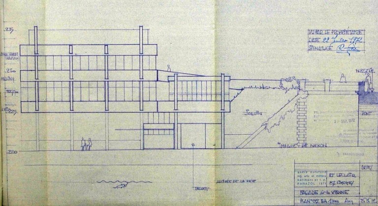 Façade antérieure des extensions de l'usine en 1972 : 'Ets Leclair - Limoges - Façade sur Vienne - Plan n° 02'.