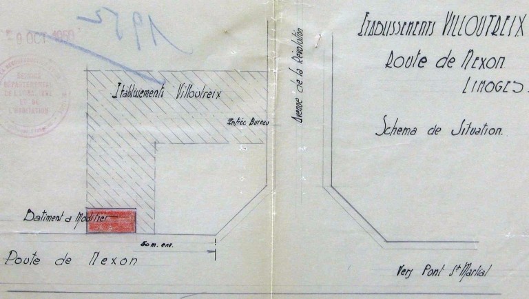 Plan masse de l'usine en 1950 : 'Etablissements Villoutreix - Route de Nexon - Limoges - Schéma de situation'.
