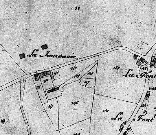 Plan masse de la brasserie de la Jourdanie en 1812 (parcelle 152), extrait du plan cadastral de 1812, 'Section G dite de Romanet, 1ère subdivision'.
