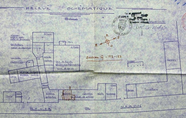 Plan masse de la brasserie Mapataud en 1946 extrait de : 'Grande Brasserie Bertrand Mapataud - route de Nexon - Relevé schématique'.