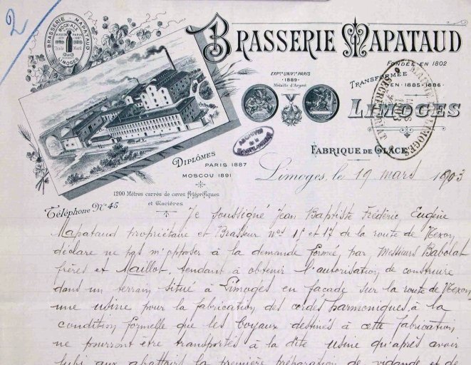 Papier à en-tête de la brasserie Mapataud daté de 1903.