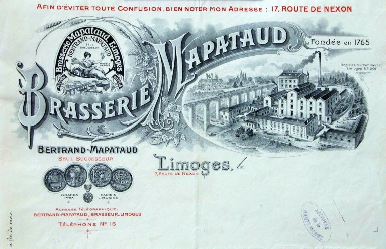 Papier à en-tête de la brasserie Mapataud daté de 1928.