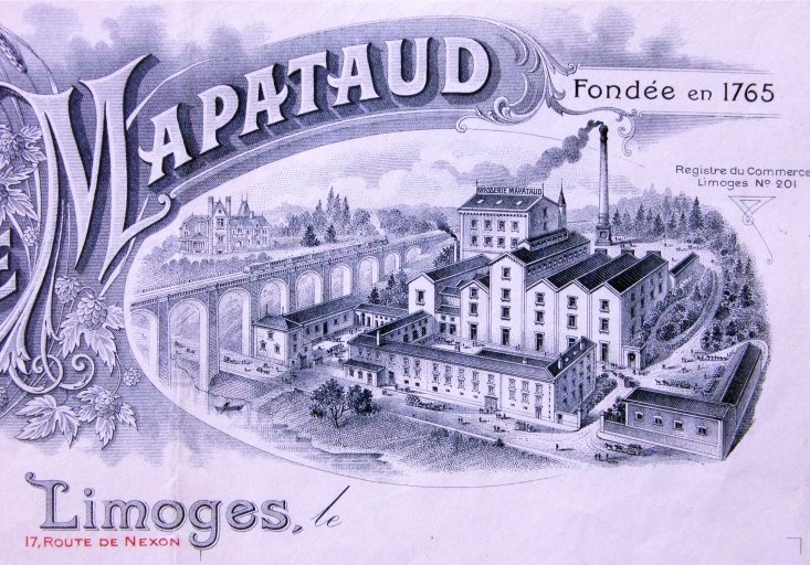 Papier à en-tête de la brasserie Mapataud daté de 1928 : détail de la vue de l'usine.