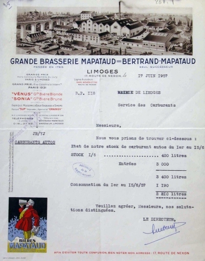 Papier à en-tête de la brasserie Mapataud daté de 1957.