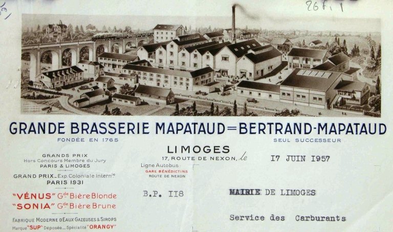 Papier à en-tête de la brasserie Mapataud daté de 1957 : détail de la vue de l'usine.