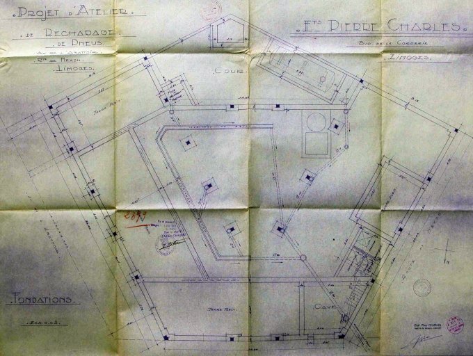 Plan des fondations de l'usine, extrait de 'Projet d'atelier de rechapage de pneus - avenue de l'Abattoir, route de Nexon - Limoges - Fondations'.