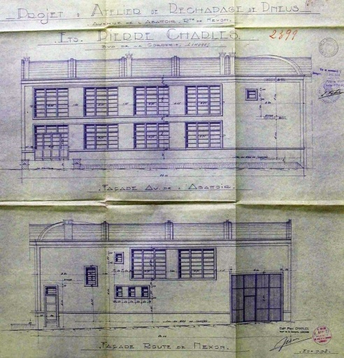 Façades antérieures de l'usine, extraites de 'Projet d'atelier de rechapage de pneus - avenue de l'Abattoir, route de Nexon - Limoges - Façade avenue de l'abattoir - façade route de Nexon'.