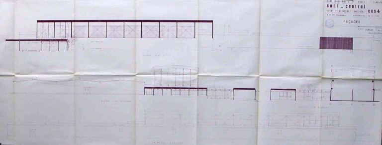 Façades de l'usine 1 projetée en 1965 : 'Zone Industrielle de Magré - Sani Central - Usine de céramique sanitaire - Façades'.
