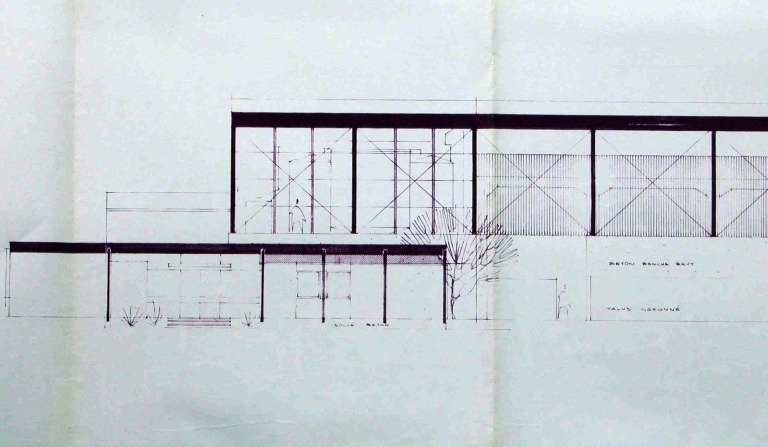 'Façade sur entrée' de l'usine 1 projetée en 1965 : 'Zone Industrielle de Magré - Sani Central - Usine de céramique sanitaire - Façades'.