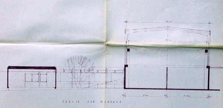 'Façade sur bureau' de l'usine 1 projetée en 1965 : 'Zone Industrielle de Magré - Sani Central - Usine de céramique sanitaire - Façades'.