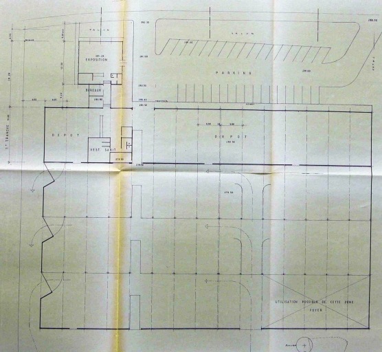Plan masse des magasins et entrepôts commerciaux projetés en 1966 extrait de : 'Zone Industrielle de Magré - Sani Central - Dépôt d'appareils sanitaires - Situation et masse'.