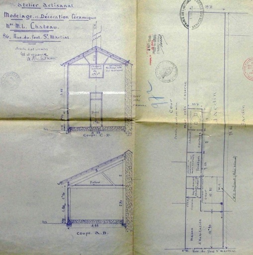 Plan et coupes des ateliers en 1946 : 'Atelier artisanal - Modelage et décoration céramique - M. L. Château - 86 rue du Pont-Saint-Martial'.