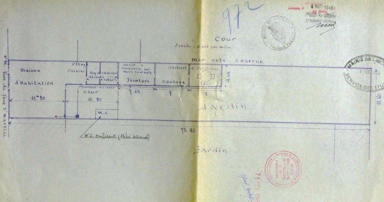 Plan des ateliers en 1946 extrait de : 'Atelier artisanal - Modelage et décoration céramique - M. L. Château - 86 rue du Pont-Saint-Martial'.