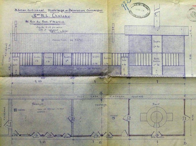 Plan et élévation des ateliers en 1946 : 'Atelier artisanal - Modelage et décoration céramique - M. L. Château - 86 rue du Pont-Saint-Martial'.