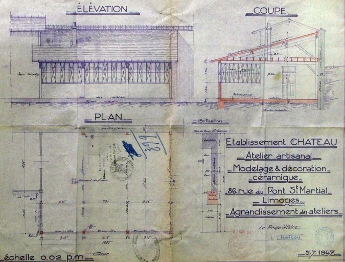 Plan et élévation de l'atelier construit en 1947 : 'Etablissement Château - Atelier artisanal - Modelage et décoration céramique - 86 rue du Pont-Saint-Martial - Agrandissement des ateliers'.