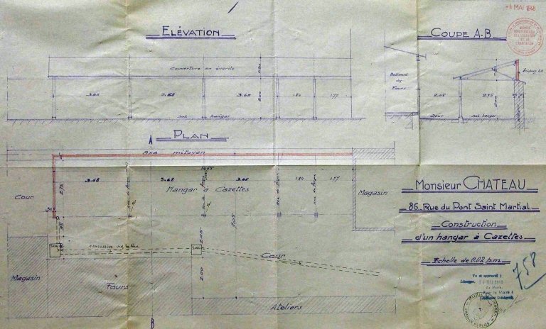 Plan, élévation et coupe du hangar construit en 1948 : 'M. Château - 86 rue du Pont-Saint-Martial - Construction d'un hangar à gazettes'.