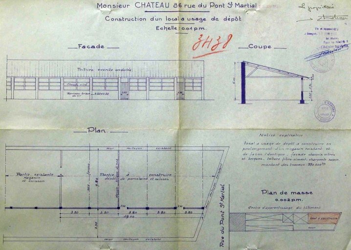 Plan masse, plan, élévation et coupe du dépôt construit en 1953 : 'M. Château - 86 rue du Pont-Saint-Martial - Construction d'un local à usage de dépôt'.