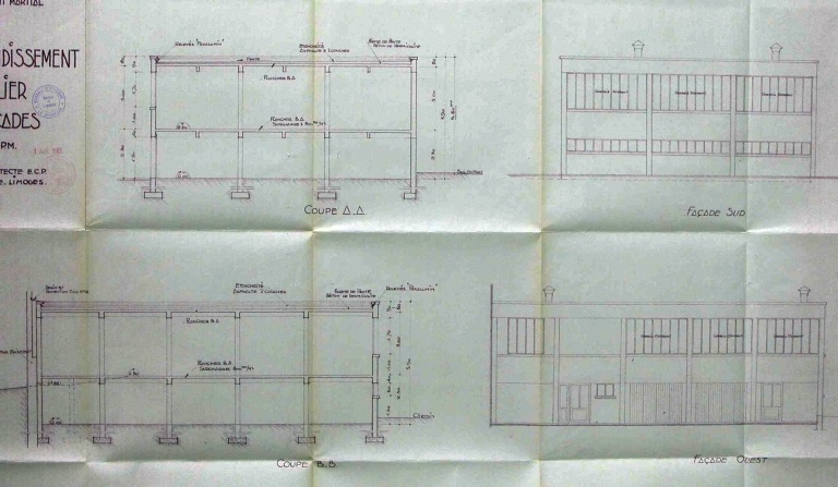 Projet d'atelier en 1961, non réalisé : 'M. J. Château - 86 rue du Pont-Saint-Martial - Projet d'agrandissement d'un atelier - Coupes - Façades'.