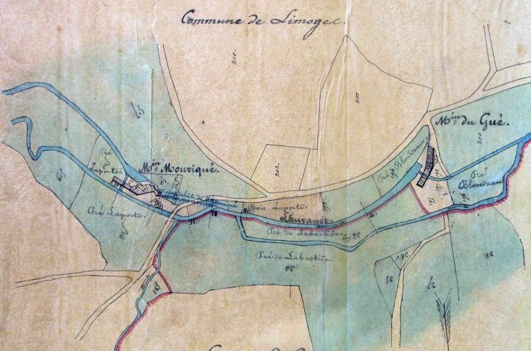 Plan masse du moulin du Gué en 1861, extrait de : 'Demande du Sieur Blondeau tendant à obtenir la réglementation de son usine sise au lieu du moulin du Gué - Commune de Limoges - Plan des lieux'.