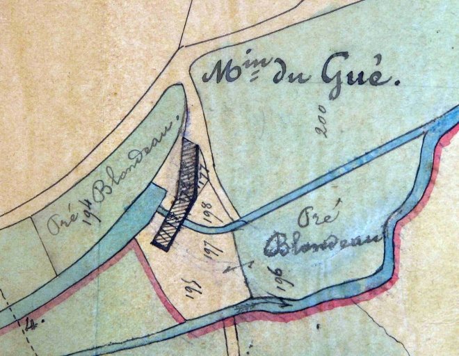 Plan masse du moulin du Gué en 1861, détail extrait de : 'Demande du Sieur Blondeau tendant à obtenir la réglementation de son usine sise au lieu du moulin du Gué - Commune de Limoges - Plan des lieux'.