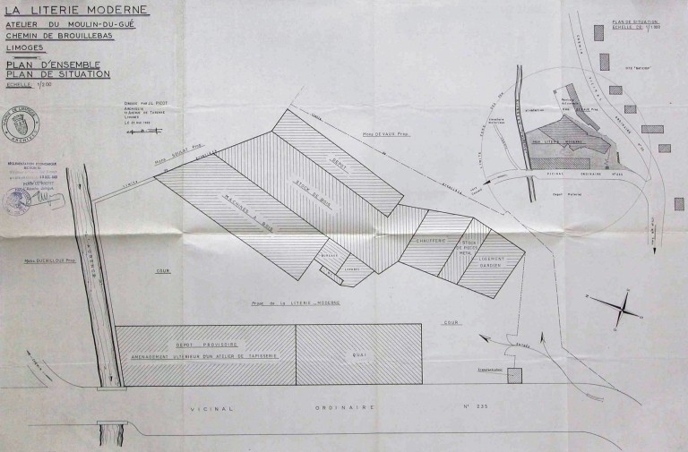 Plan masse du moulin du Gué en 1965 : 'La Literie Moderne - Ateliers du Moulin du Gué - Chemin de Brouillebas - Plan d'ensemble - Plan de situation'.