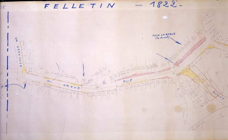 Plan d'alignement de la ville datant de 1822. Vue du centre (Grande Rue avec 'auvents').