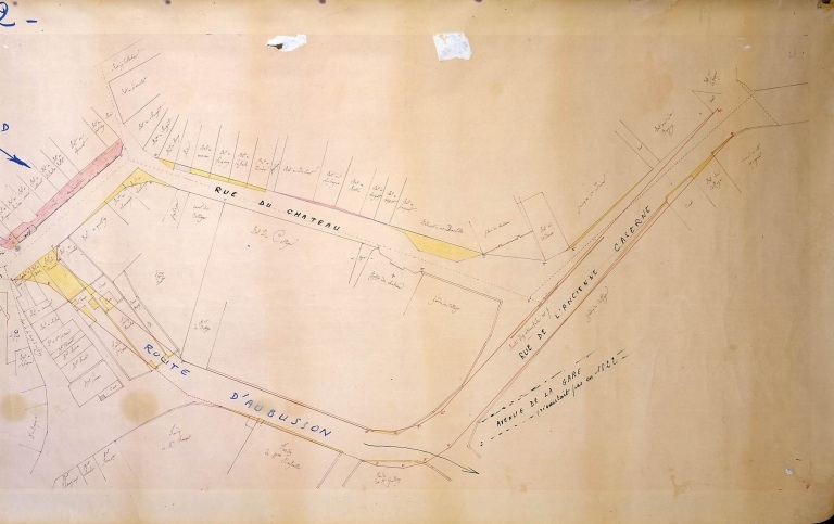 Plan d'alignement de la ville datant de 1822. Vue de la partie nord (rue du Château, route d'Aubusson, rue de l'ancienne Caserne).