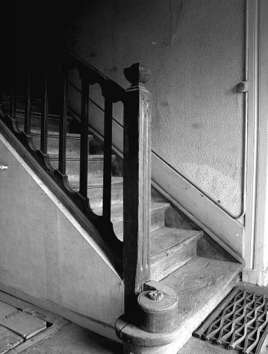 Escalier droit en charpente menant de l'étage de soubassement au rez-de-chaussée. Vue partielle de la rampe montrant son départ orné d'un motif sculpté représentant une fleur.