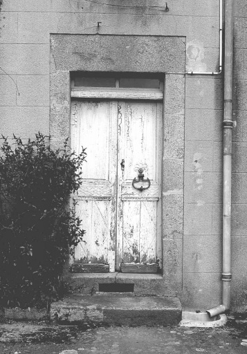 Vue de détail de l'élévation postérieure montrant la porte d'entrée. Cette porte, avec décor de losanges et de grecques sur les traverses des vantaux et de l'imposte, a conservé son heurtoir.