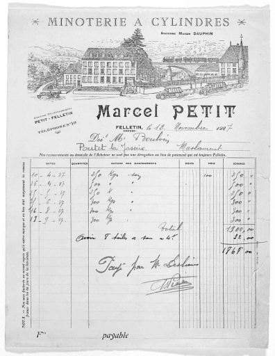 Papier à en-tête datant de 1927. A gauche la minoterie, à droite, la maison remaniée à la fin du XIXe siècle, où sont installés les bureaux.