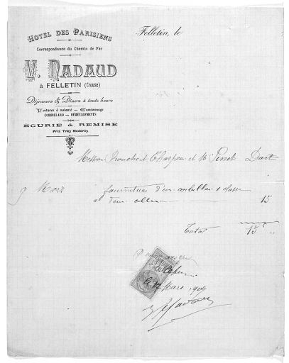 Hôtel de voyageurs : 4 rue Grancher. Papier à en-tête concernant cet hôtel appelé 'hôtel des Parisiens' et appartenant à la Veuve Nadaud (papier non daté, vers 1914 ?).