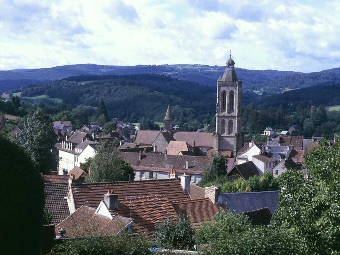 Vue rapprochée depuis l'est montrant l'église du Moutier.