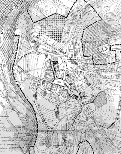 Plan d'aménagement de Felletin daté de 1949. Vue partielle montrant la partie centrale.