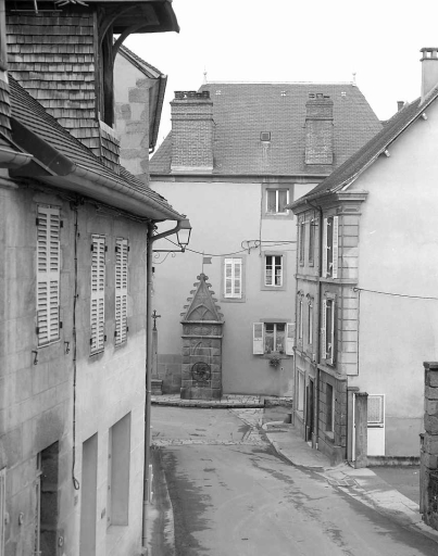 Vue montrant la partie basse de la rue Chanteloube et la fontaine de la Fontalanelle.