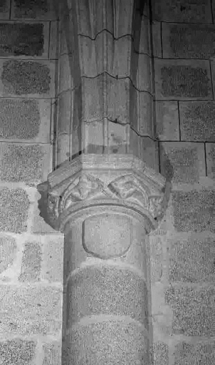 Colonne sud située entre la deuxième et troisième travée. Vue partielle montrant un écu non armorié sculpté sur la pierre supérieure du fût.