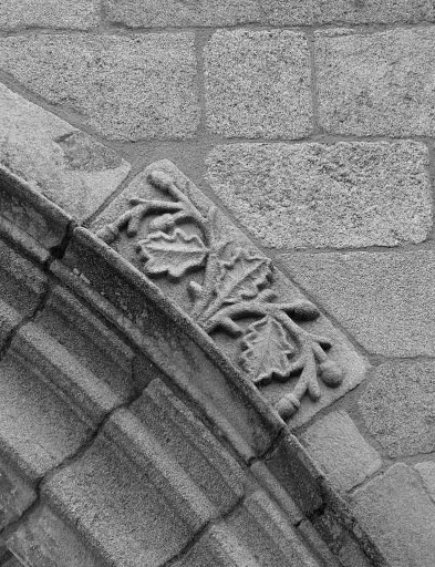 Vue de détail montrant l'un des motifs végétaux qui ornent la partie supérieure du gable : feuilles de chêne avec glands.