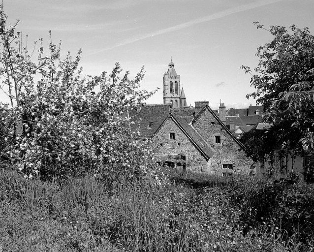 Vue, depuis le faubourg de Chanteloube, montrant quelques vieux toits et le clocher de l'église du Moutier.