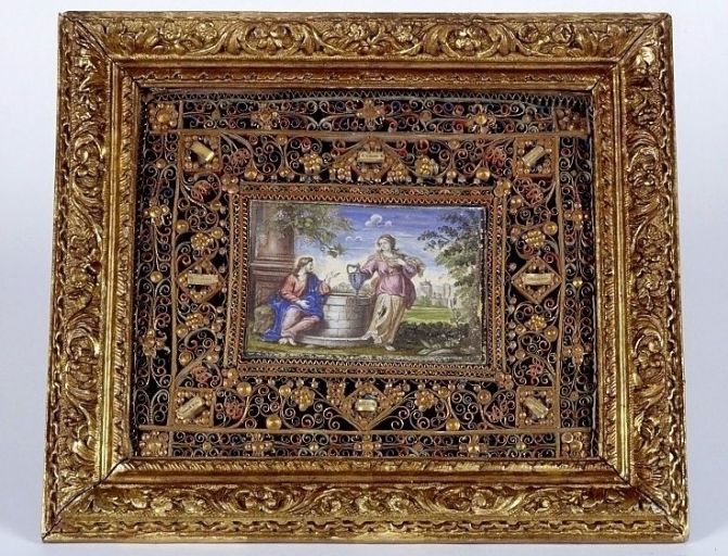 Tableau-reliquaire à paperoles : le Christ et la Samaritaine au puits