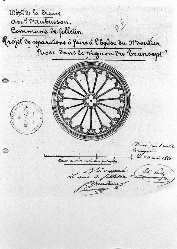 Projet de réparations à faire à l'église du Moutier dressé par Elie Pauly, le 20 mai 1866. Rose dans le pignon du transept ; échelle 1:100.