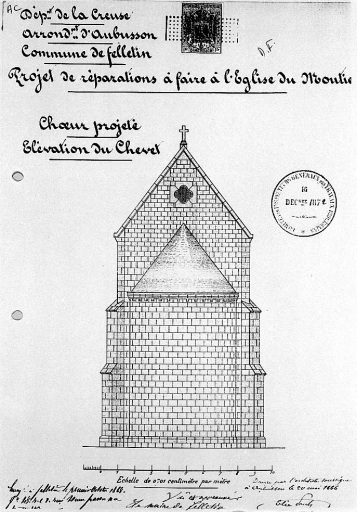 Projet de réparations à faire à l'église du Moutier dressé par Elie Pauly, le 20 mai 1866. Choeur projeté : élévation du chevet ; échelle 1:100.