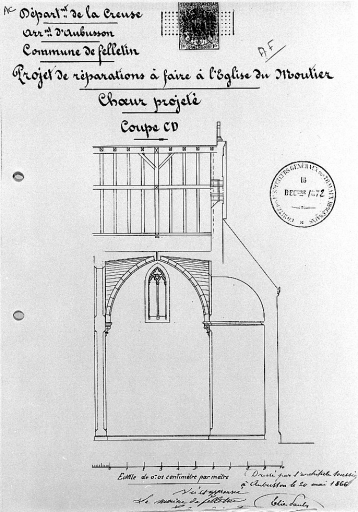 Projet de réparations à faire à l'église du Moutier dressé par Elie Pauly, le 20 mai 1866. Choeur projeté : coupe longitudinale ; échelle 1:100.